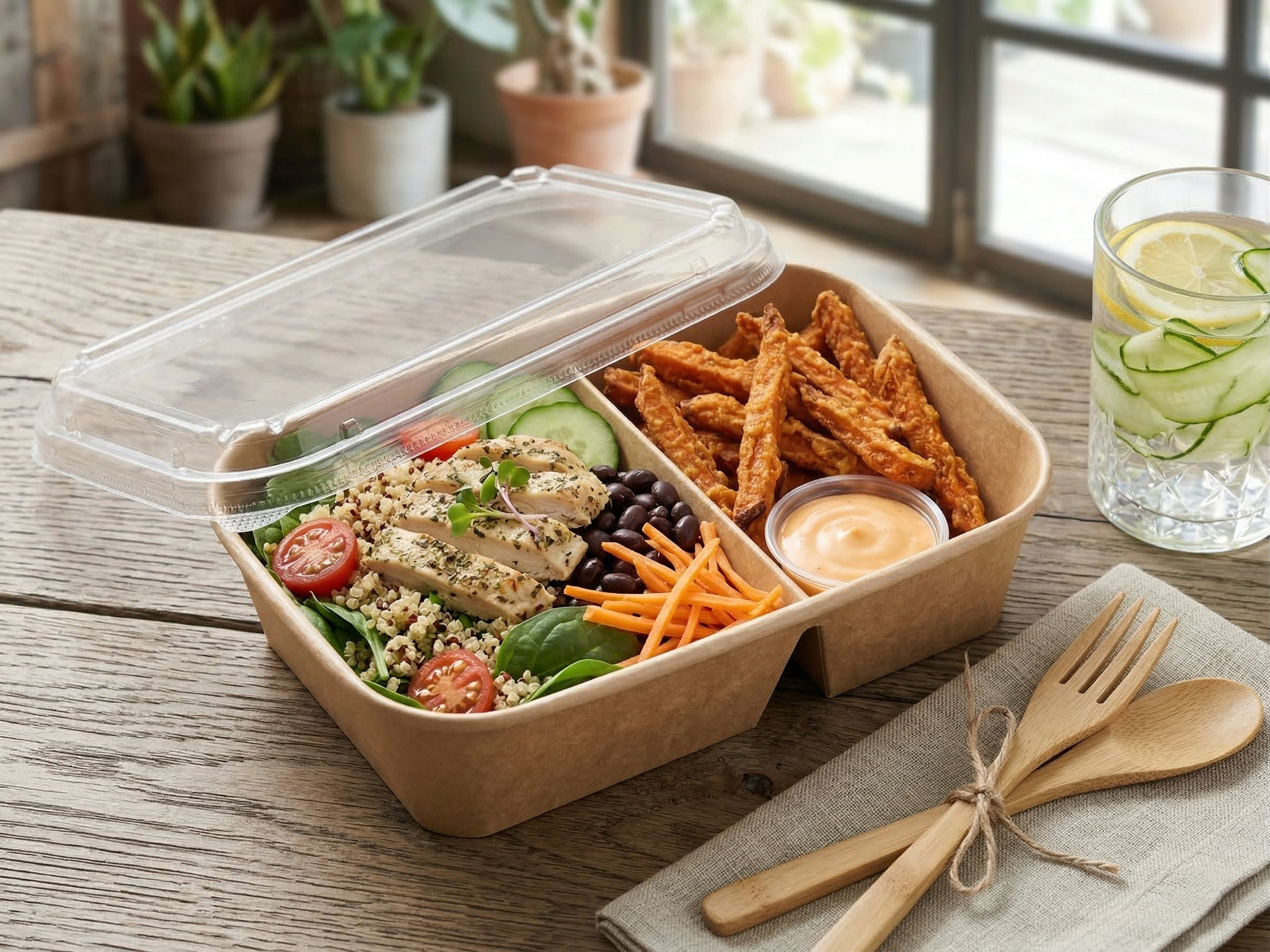 850ml 捲邊二格紙餐盒與高質感透明蓋組合，適合輕食、早午餐等精品級外帶包裝。