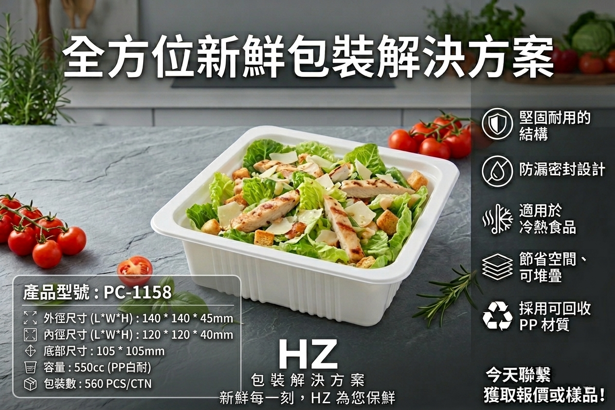PC-1158 正方形 PP 白耐餐盒特寫，展現 550cc 規格與高韌性肋條結構，彰化鴻振企業製造。