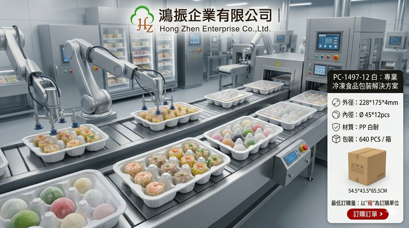 Hz 鴻振企業生產 PC-1497-12 12格冷凍托盤，高品質 PP 白耐材質，適合燒賣與湯圓包裝，工廠直營全台配送。