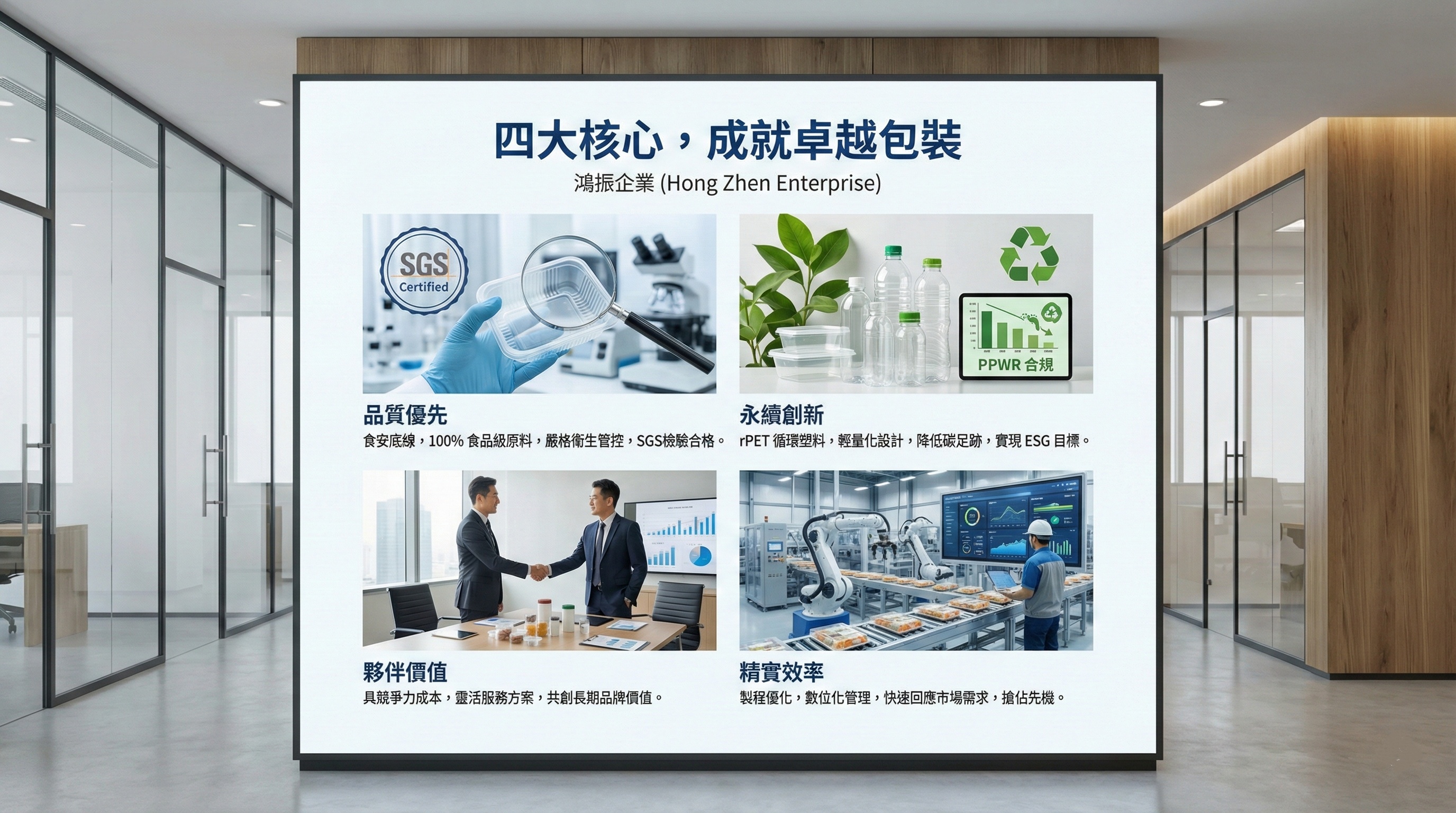 鴻振企業 (Hong Zhen) 四大核心價值：品質優先、永續創新、夥伴價值、精實效率 - 彰化專業塑膠包裝容器工廠